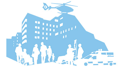 illustration i blått som visar sjukhuset som siluett