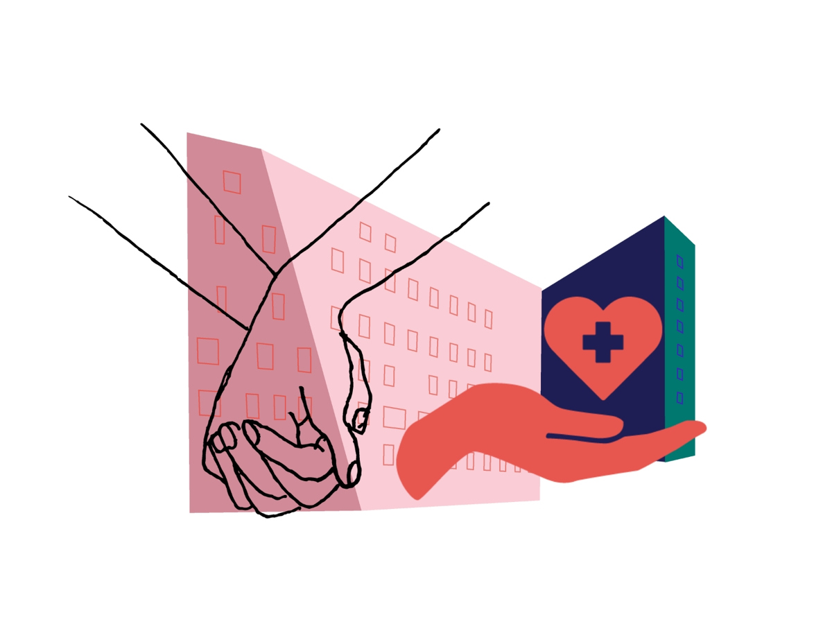 Illustration av ett sjukhus, två händer som håller i varandra och en hand med ett hjärta
