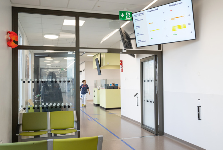 En sk&auml;rm i ett v&auml;ntrum p&aring; akuten som visar antalet f&auml;rgkategoriserade patienter i realtid.
