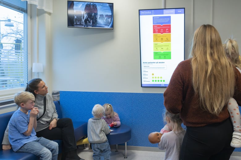 En grupp f&ouml;r&auml;ldrar och barn sitter i ett v&auml;ntrum d&auml;r en sk&auml;rm visar information om hur patienter prioriteras.