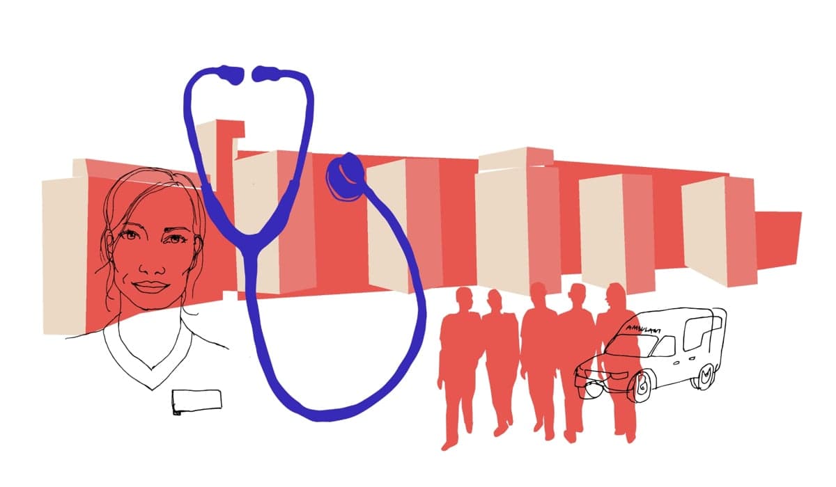 Illustration med ett stetoskop, en ambulans, en kvinna och en grupp människor