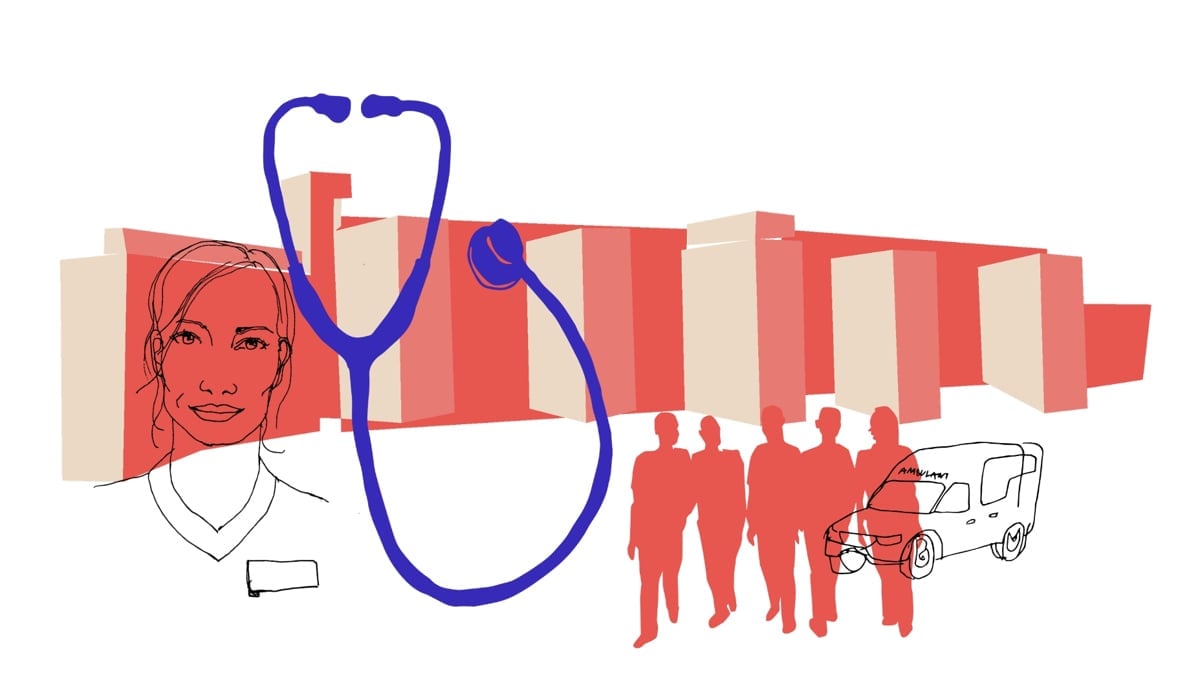 Illustration med ett stetoskop, en ambulans, en kvinna och en grupp människor