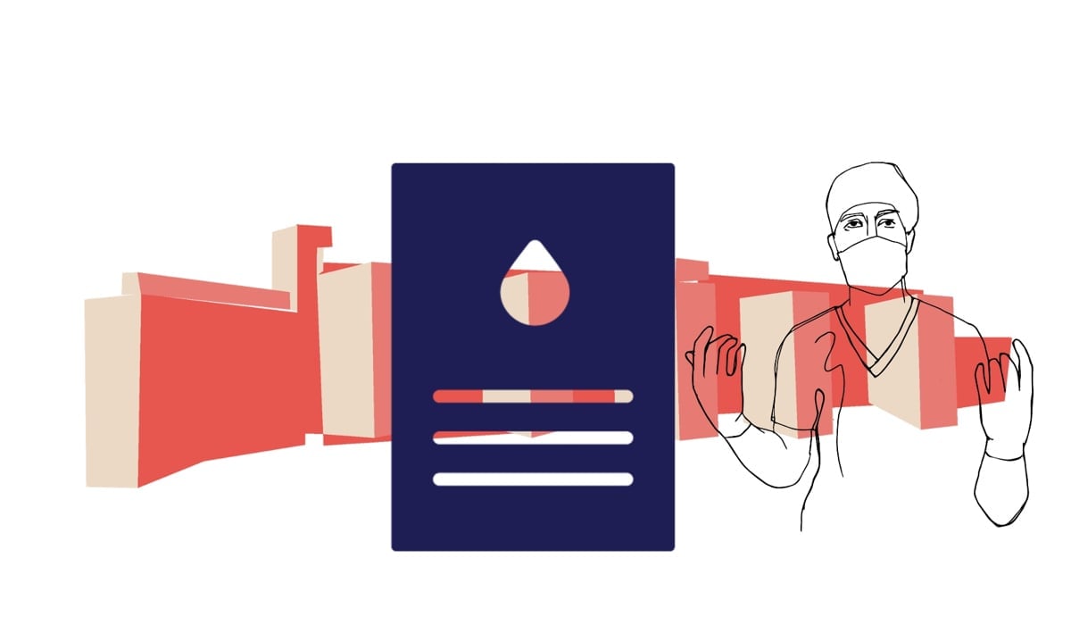 Illustration på ett rosa sjukhus, en kirurg och en dokument med en bloddroppe och text
