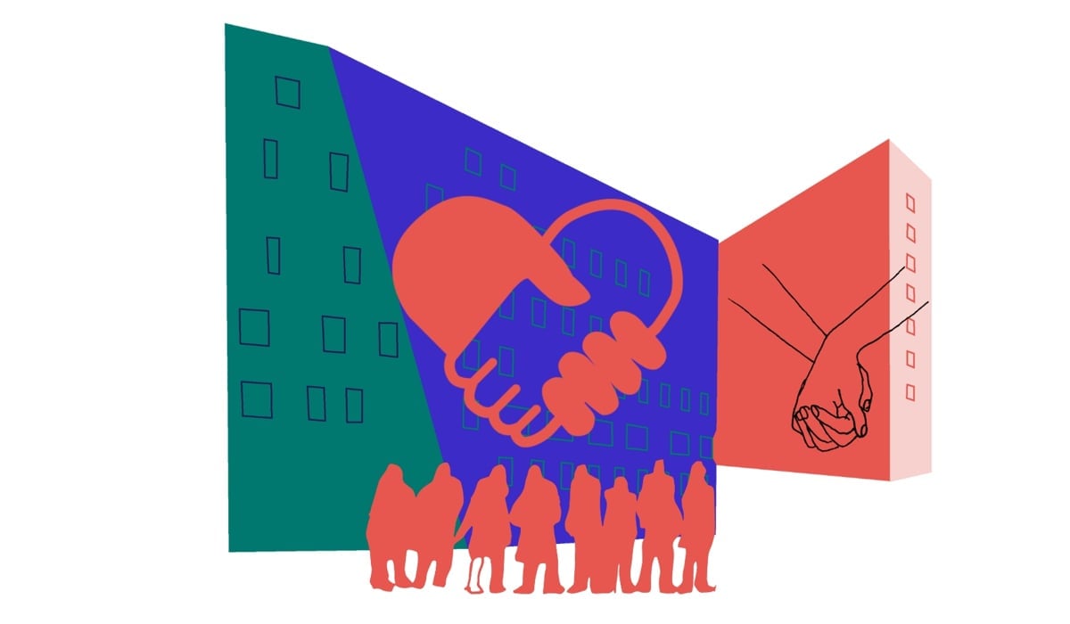 Illustration av sjukhusbyggnad med två händer som skakar hand och formar ett hjärta, en grupp människor och en två till händer som håller i varandra.