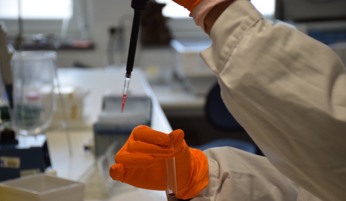 hand med orange handske håller provrör andra handen håller svart instrument med orange topp