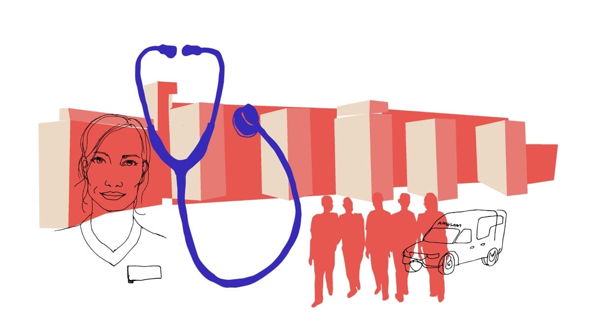 Illustration med ett stetoskop, en ambulans, en kvinna och en grupp människor
