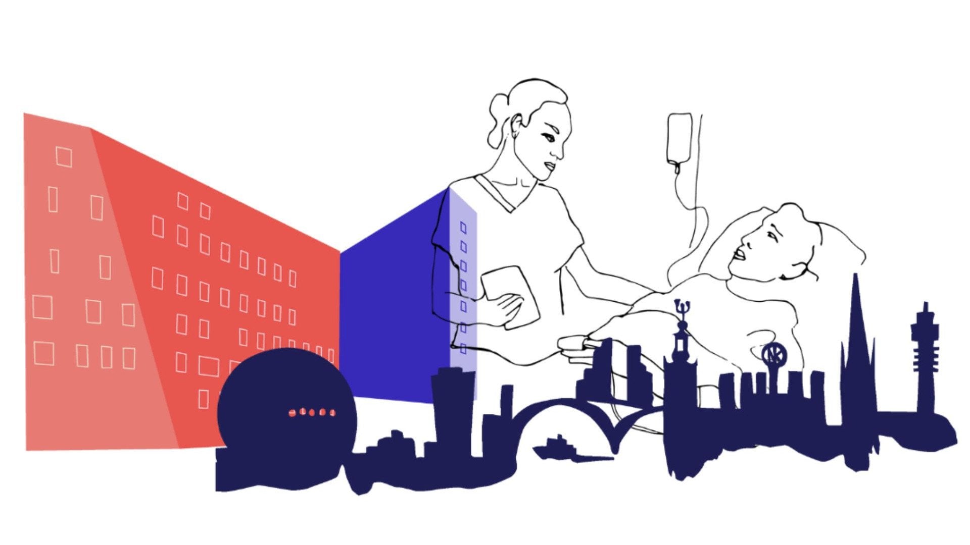 illustration av hus i Stockholm, ett sjukhus och en sjukhuspersonal som tar hand om en patient som ligger i en sjukhussäng