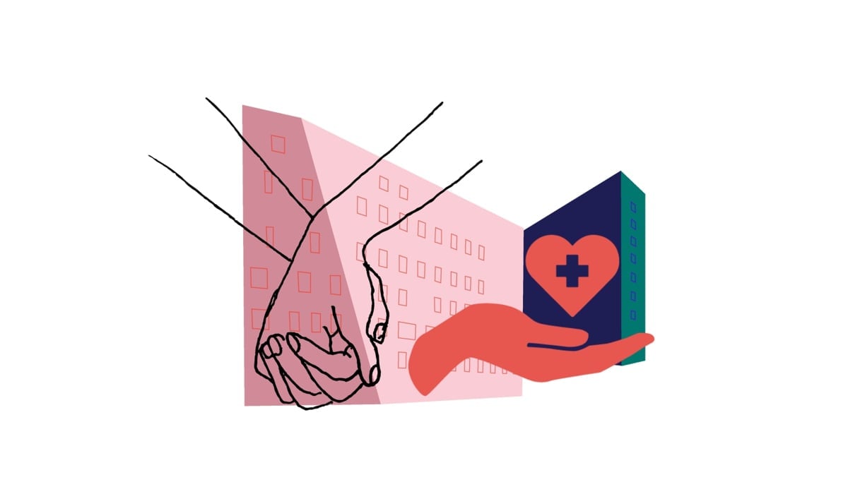 Illustration av ett sjukhus, två händer som håller i varandra och en hand med ett hjärta
