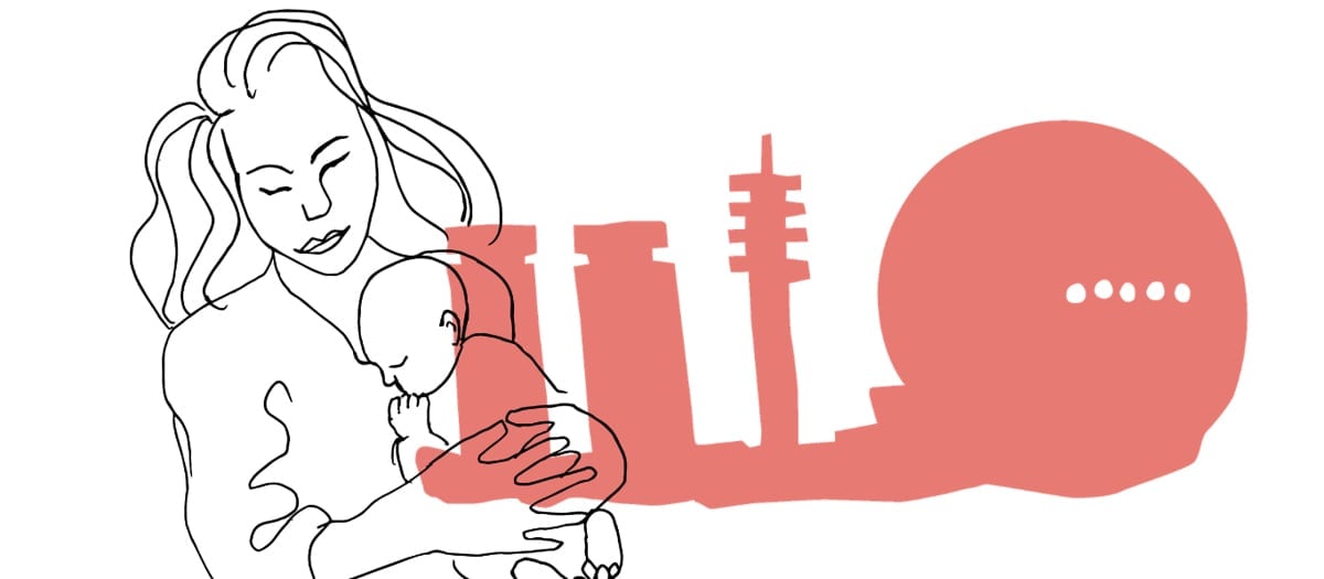 Illustration av kvinna med bebis i famnen