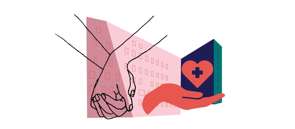 Illustration av ett sjukhus, två händer som håller i varandra och en hand med ett hjärta
