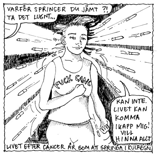 Kvinna springer i vad som ser ut som ett kulregn. Osynlig perosn frågar "Varför springer du jämt? Ta det lugnt...". Kvinnan svarar "Kan inte. Liver kan komma ikapp mig! Vill hinna allt". 