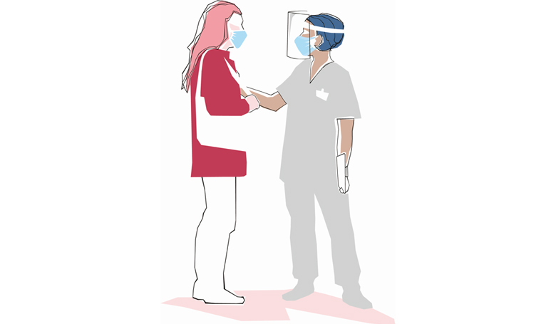 Illustration av patient med munskydd och sköterska med visir