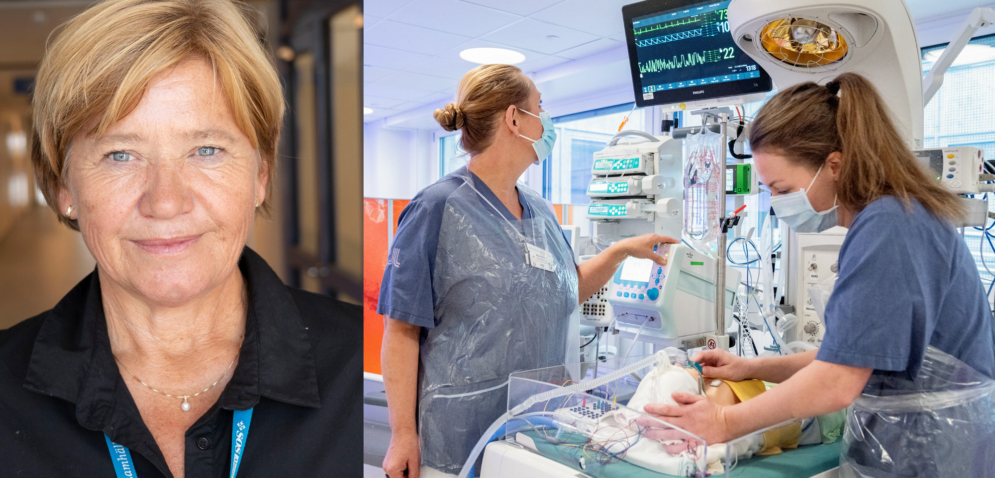 Inger Kull, professor i vårdvetenskap och två sjuksköterskor som tar hand om ett litet barn.