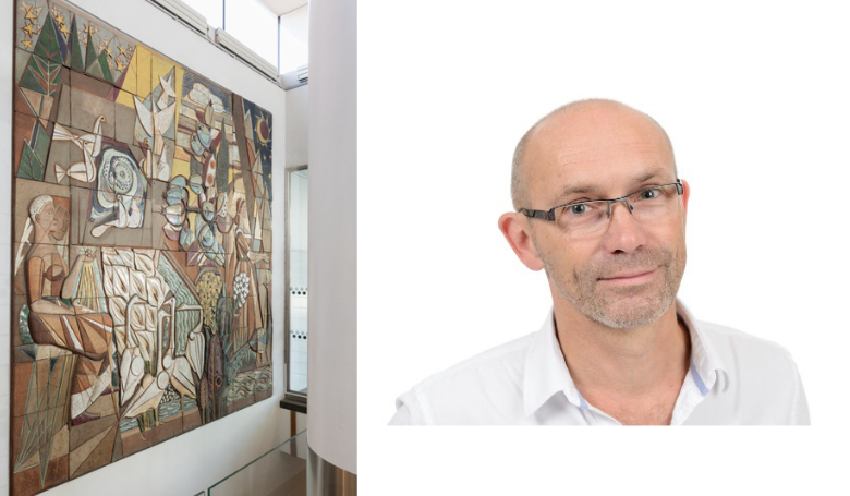 bildmontage mosaikvägg och Max Liljefors i vit skjorta